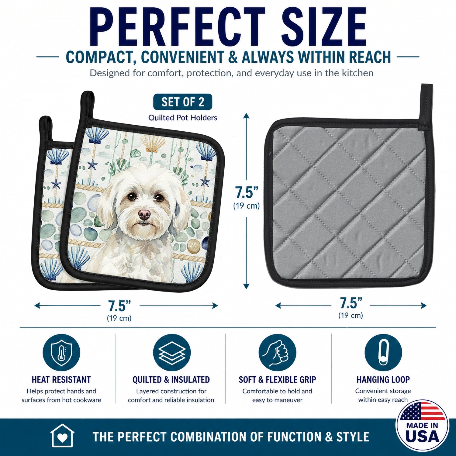 White Havanese Coastal Sea Glass Pot Holder Set of 2 Heat Resistant Quilted Hot Pads 7.5 x 7.5 Inch, Insulated Kitchen Trivets for Cooking & Baking