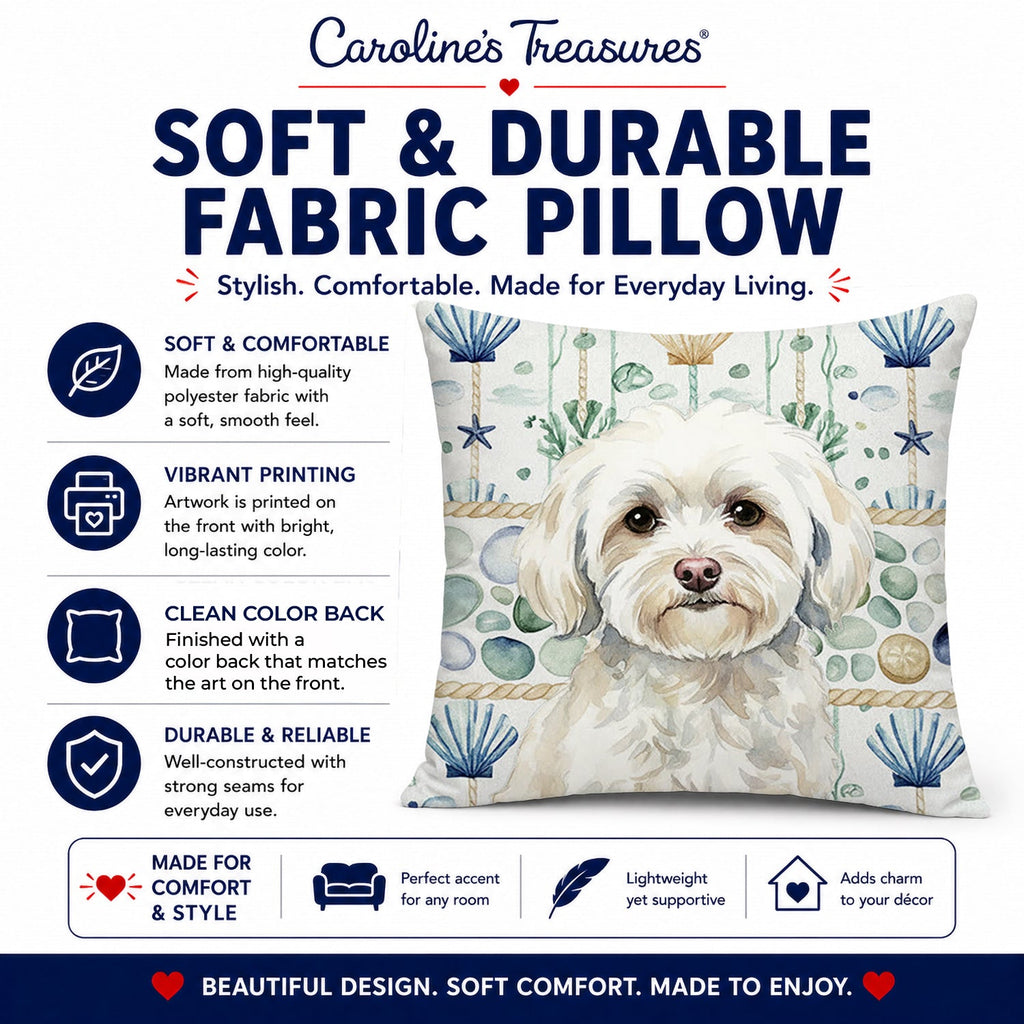 White Havanese Coastal Sea Glass Decorative Throw Pillow 14x14 Indoor Outdoor Accent Cushion, Fabric Cover with Insert for Sofa, Bed, Porch & Living Room