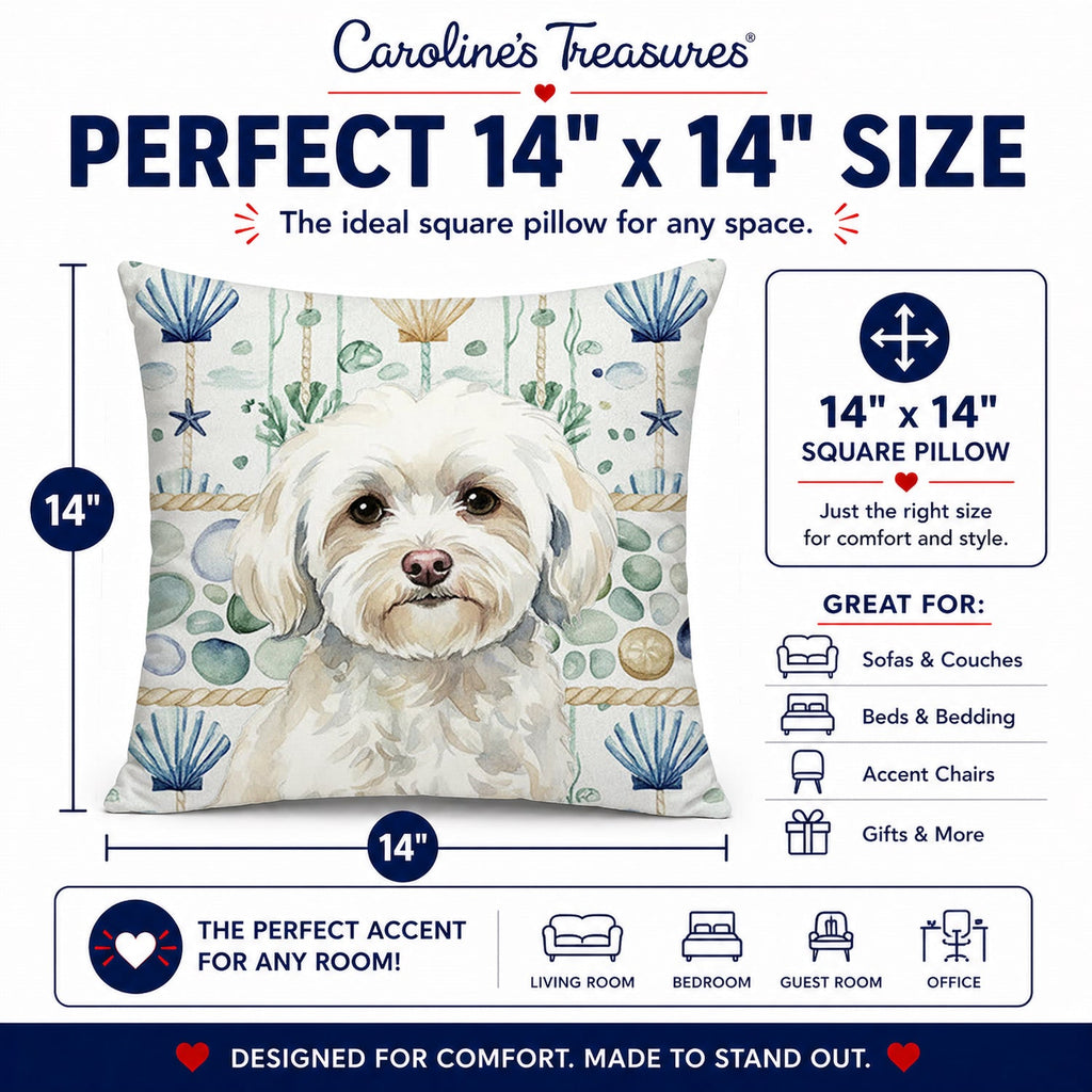 White Havanese Coastal Sea Glass Decorative Throw Pillow 14x14 Indoor Outdoor Accent Cushion, Fabric Cover with Insert for Sofa, Bed, Porch & Living Room
