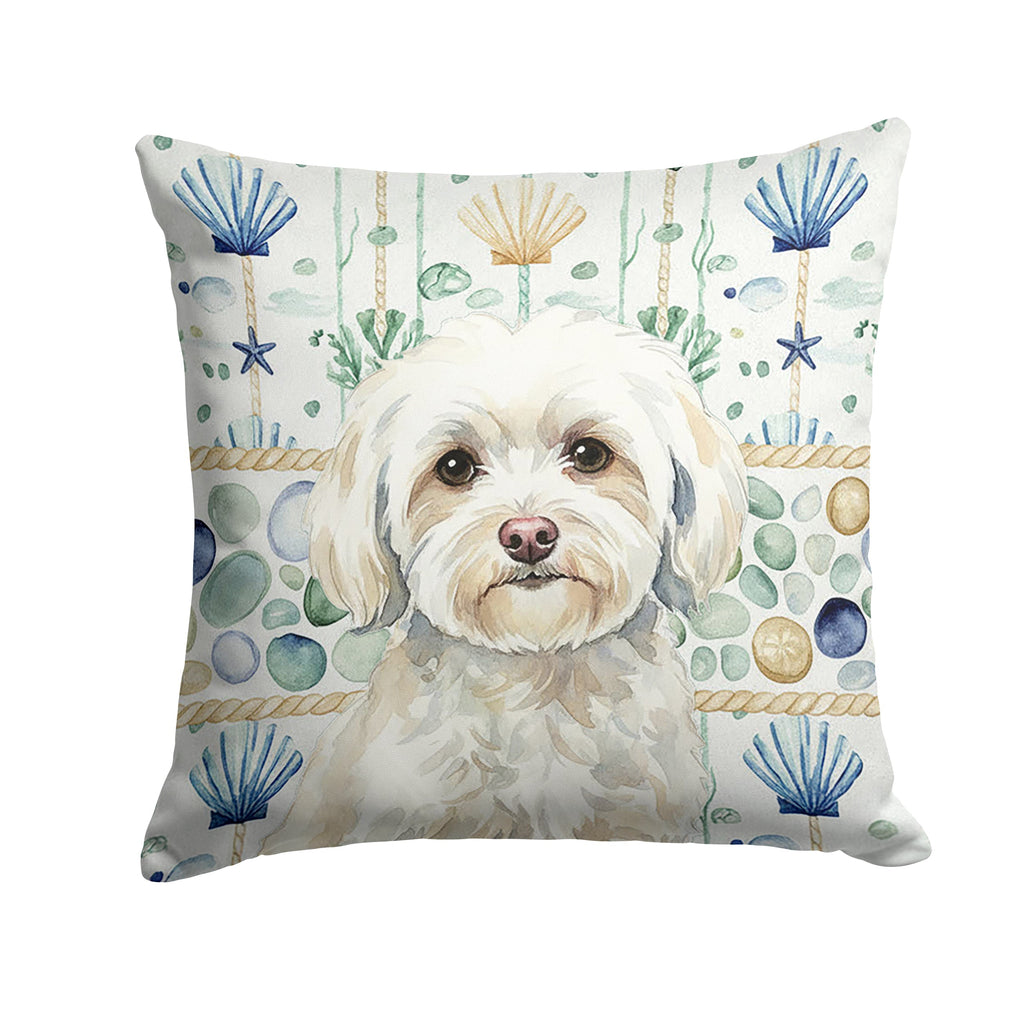 White Havanese Coastal Sea Glass Decorative Throw Pillow 18x18 Indoor Outdoor Accent Cushion, Fabric Cover with Insert for Sofa, Bed, Porch & Living Room