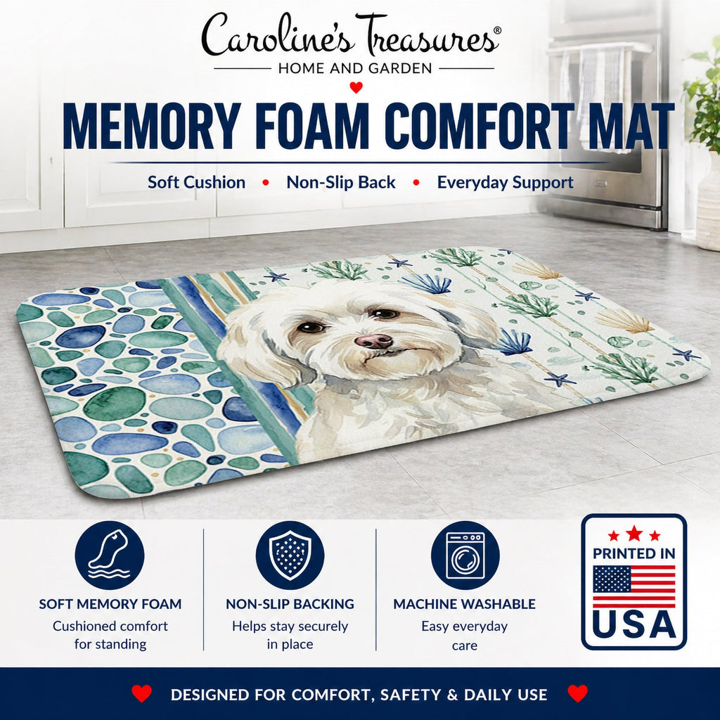 White Havanese Coastal Sea Glass Memory Foam Kitchen Mat Machine Washable Anti-Fatigue Cushion Comfort Bath or Kitchen Rug