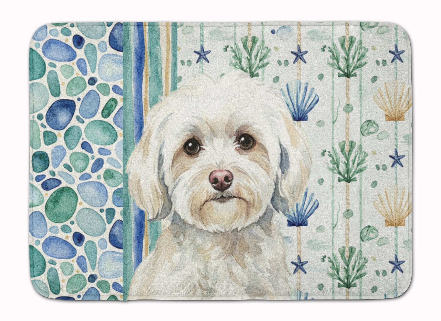 White Havanese Coastal Sea Glass Memory Foam Kitchen Mat Machine Washable Anti-Fatigue Cushion Comfort Bath or Kitchen Rug