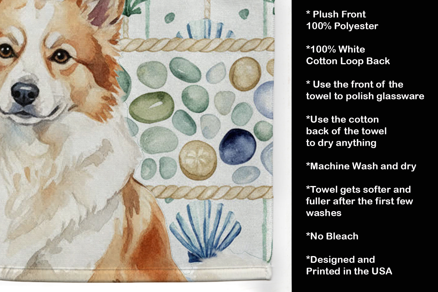 Tan Icelandic Sheepdog Coastal Sea Glass Kitchen Towel Velour Plush Front and Cotton Loop Back Machine Washable