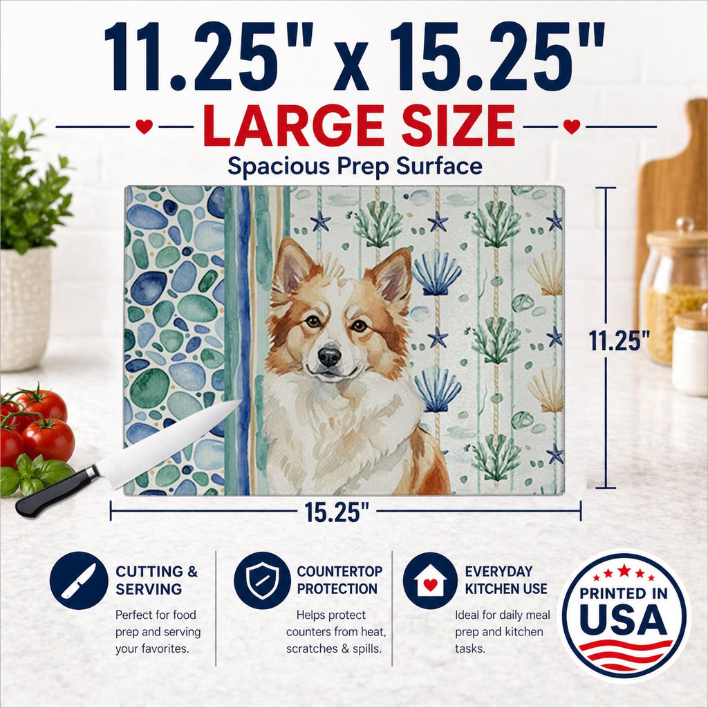 Tan Icelandic Sheepdog Coastal Sea Glass Cutting Board Tempered Glass Kitchen Cutting Surface, Heat Resistant Chopping, Non-Slip Feet, Food Prep & Serving