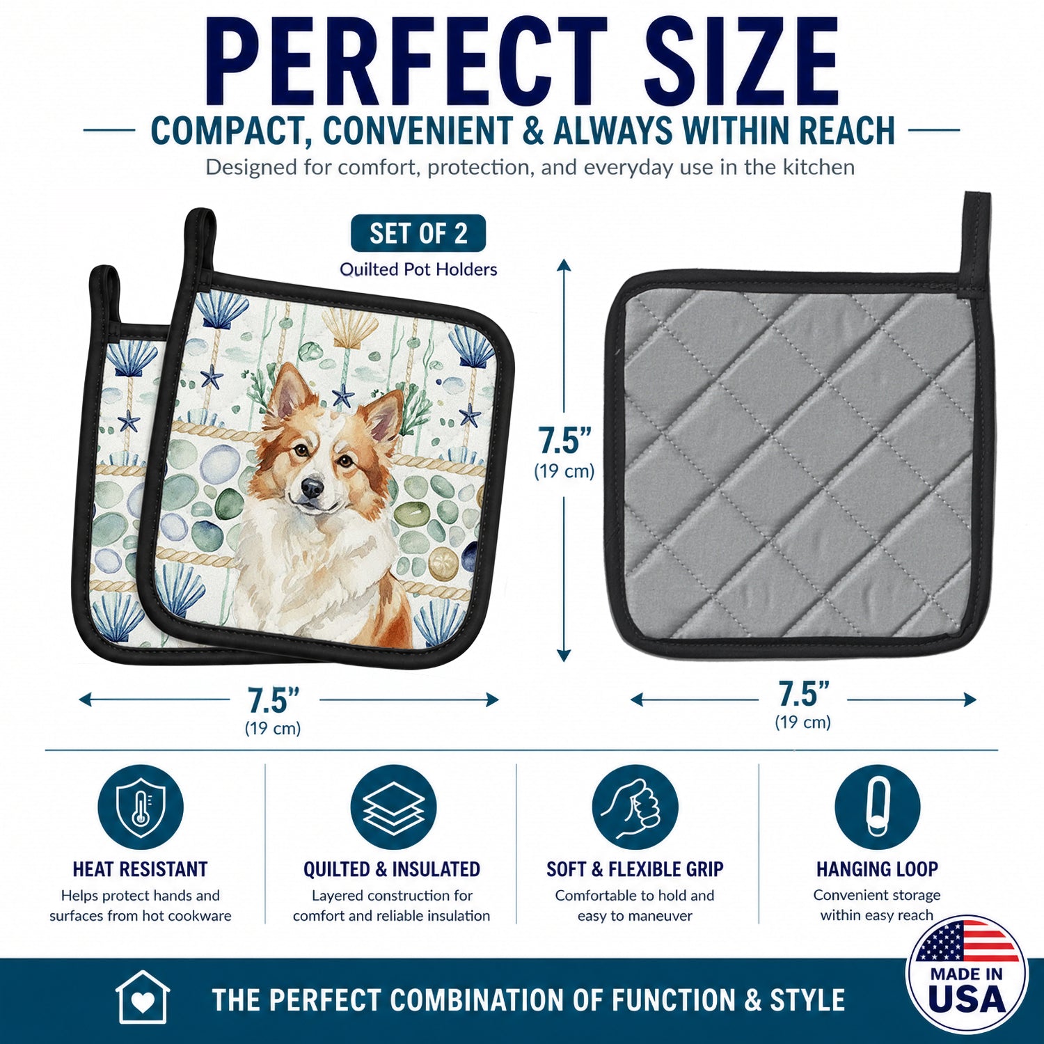 Tan Icelandic Sheepdog Coastal Sea Glass Pot Holder Set of 2 Heat Resistant Quilted Hot Pads 7.5 x 7.5 Inch, Insulated Kitchen Trivets for Cooking & Baking