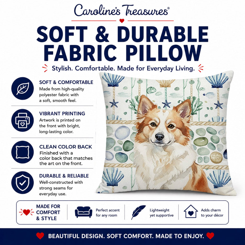 Tan Icelandic Sheepdog Coastal Sea Glass Decorative Throw Pillow 14x14 Indoor Outdoor Accent Cushion, Fabric Cover with Insert for Sofa, Bed, Porch & Living Room