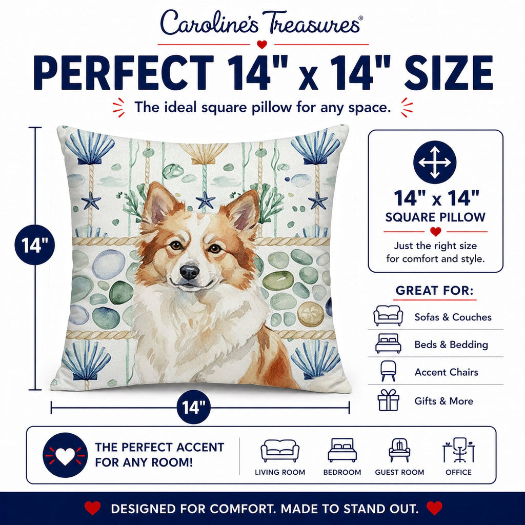 Tan Icelandic Sheepdog Coastal Sea Glass Decorative Throw Pillow 14x14 Indoor Outdoor Accent Cushion, Fabric Cover with Insert for Sofa, Bed, Porch & Living Room