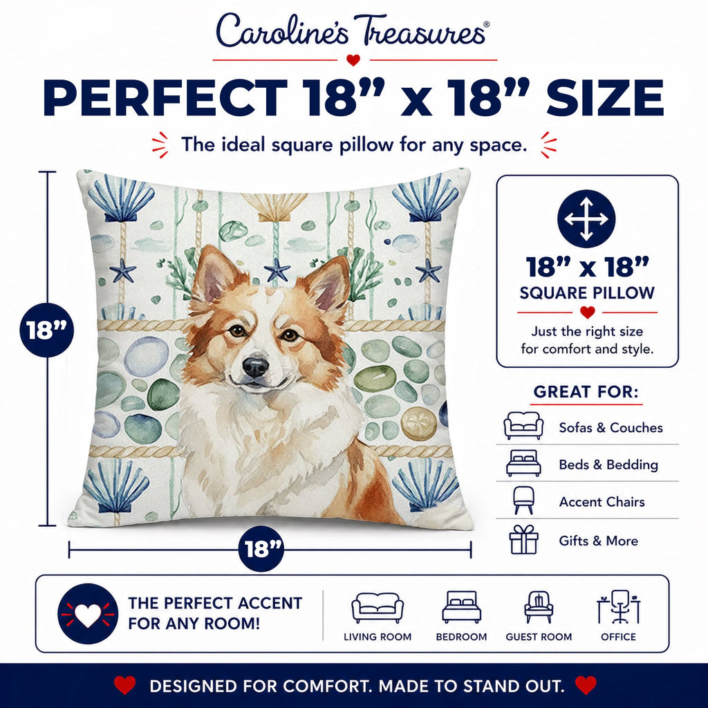 Tan Icelandic Sheepdog Coastal Sea Glass Decorative Throw Pillow 18x18 Indoor Outdoor Accent Cushion, Fabric Cover with Insert for Sofa, Bed, Porch & Living Room