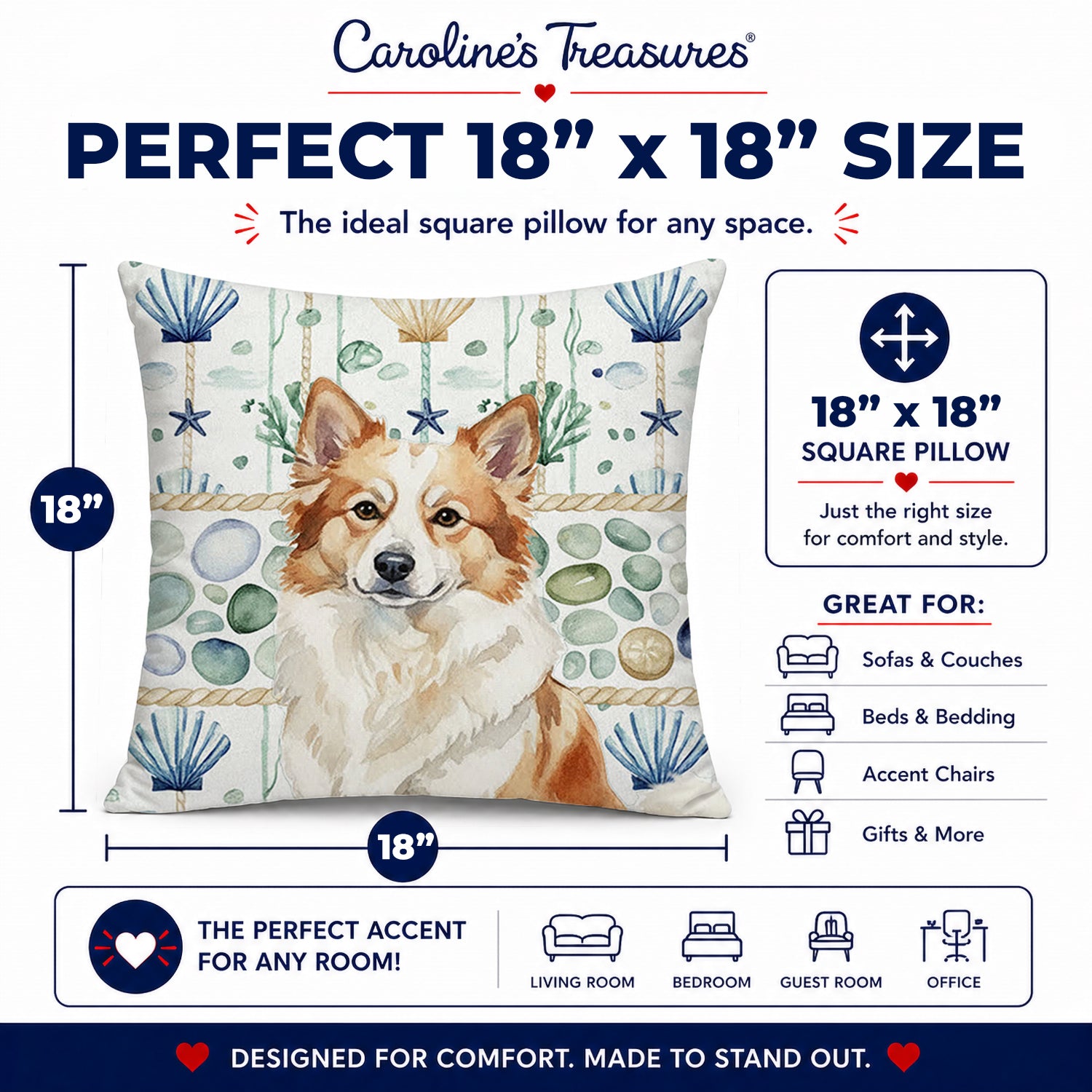 Tan Icelandic Sheepdog Coastal Sea Glass Decorative Throw Pillow 18x18 Indoor Outdoor Accent Cushion, Fabric Cover with Insert for Sofa, Bed, Porch & Living Room