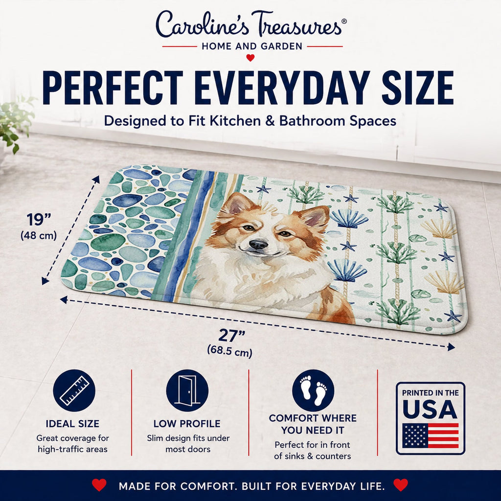 Tan Icelandic Sheepdog Coastal Sea Glass Memory Foam Kitchen Mat Machine Washable Anti-Fatigue Cushion Comfort Bath or Kitchen Rug