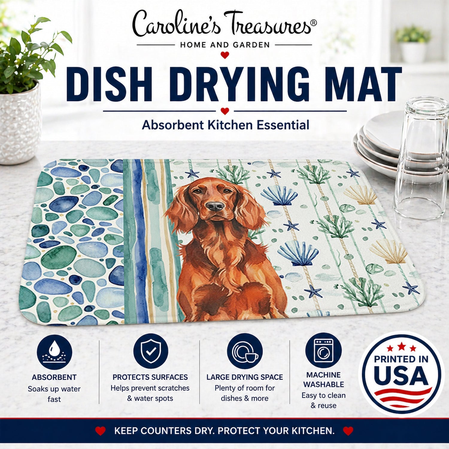 Irish Setter Coastal Sea Glass Dish Drying Mat Absorbent Dish Drying Mat Pad for Kitchen Counter Dish Drainer Mat for Countertop, 14 x 21", Multicolor