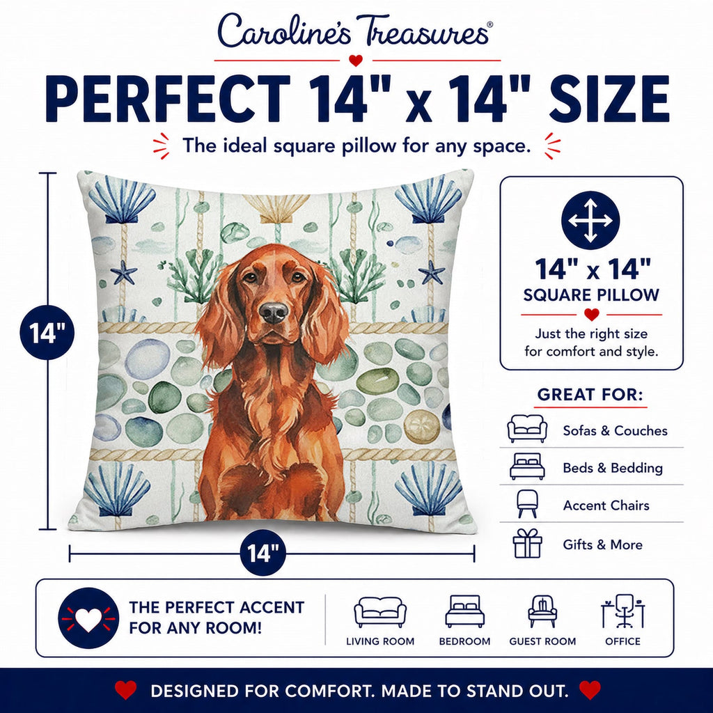 Irish Setter Coastal Sea Glass Decorative Throw Pillow 14x14 Indoor Outdoor Accent Cushion, Fabric Cover with Insert for Sofa, Bed, Porch & Living Room