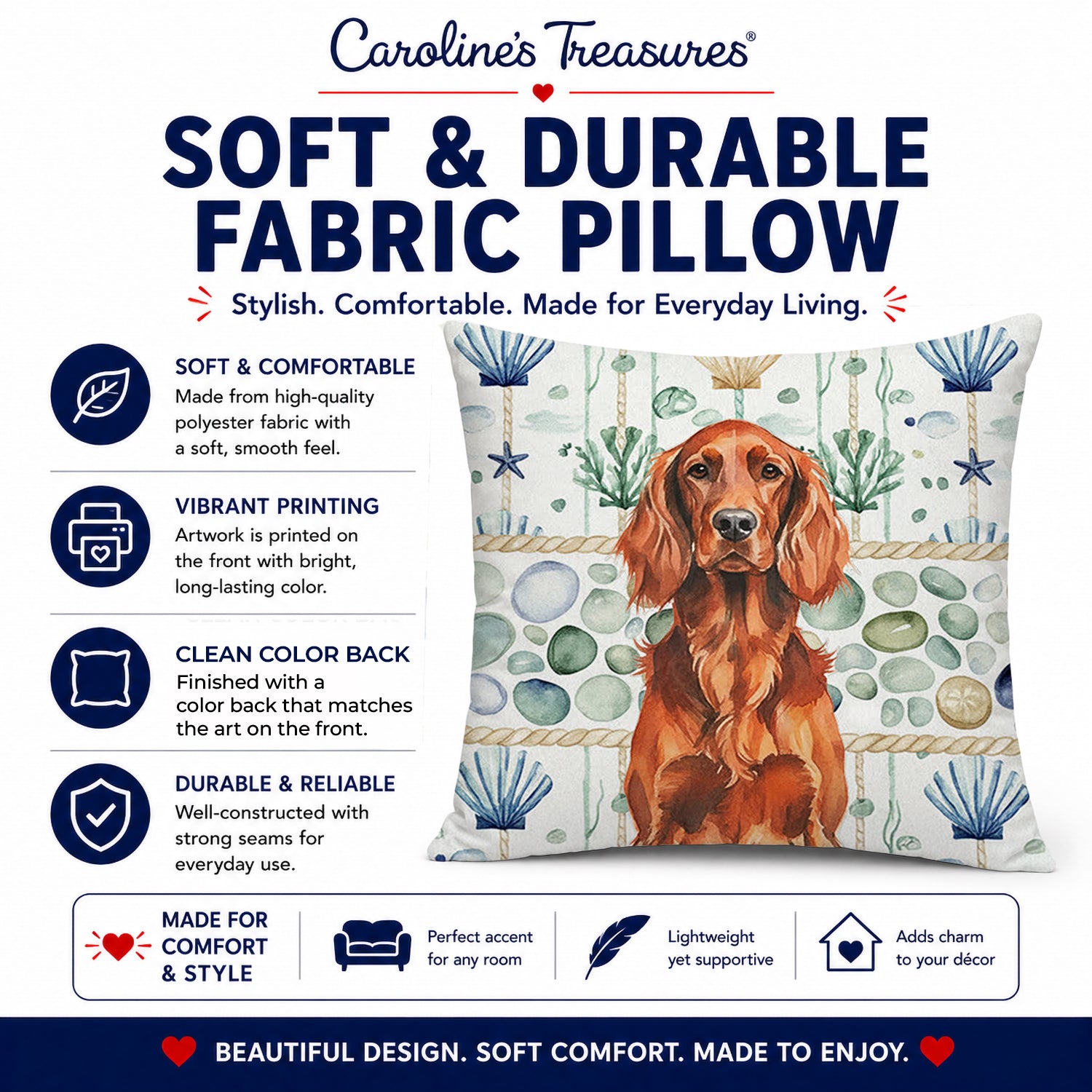Irish Setter Coastal Sea Glass Decorative Throw Pillow 18x18 Indoor Outdoor Accent Cushion, Fabric Cover with Insert for Sofa, Bed, Porch & Living Room