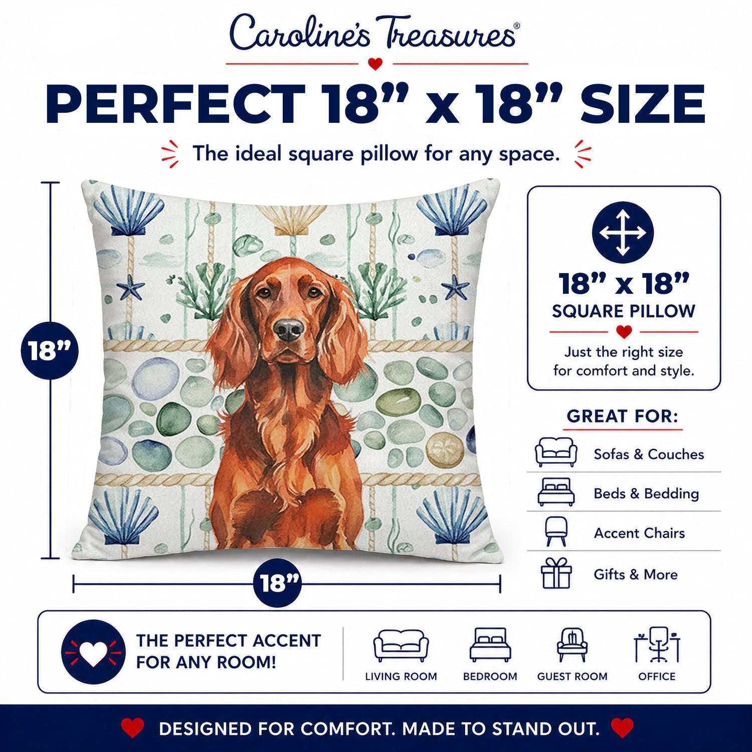 Irish Setter Coastal Sea Glass Decorative Throw Pillow 18x18 Indoor Outdoor Accent Cushion, Fabric Cover with Insert for Sofa, Bed, Porch & Living Room