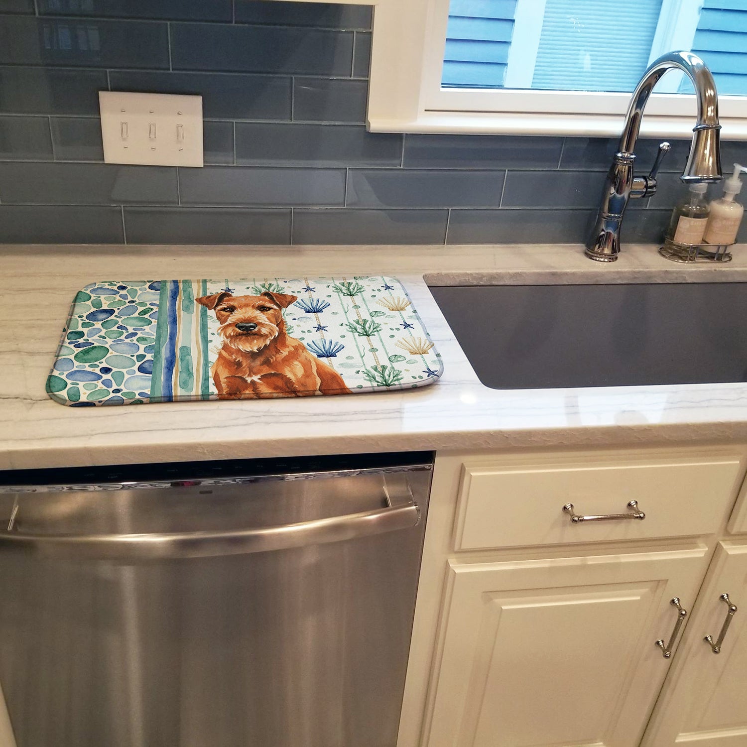 Irish Terrier Coastal Sea Glass Dish Drying Mat Absorbent Dish Drying Mat Pad for Kitchen Counter Dish Drainer Mat for Countertop, 14 x 21", Multicolor