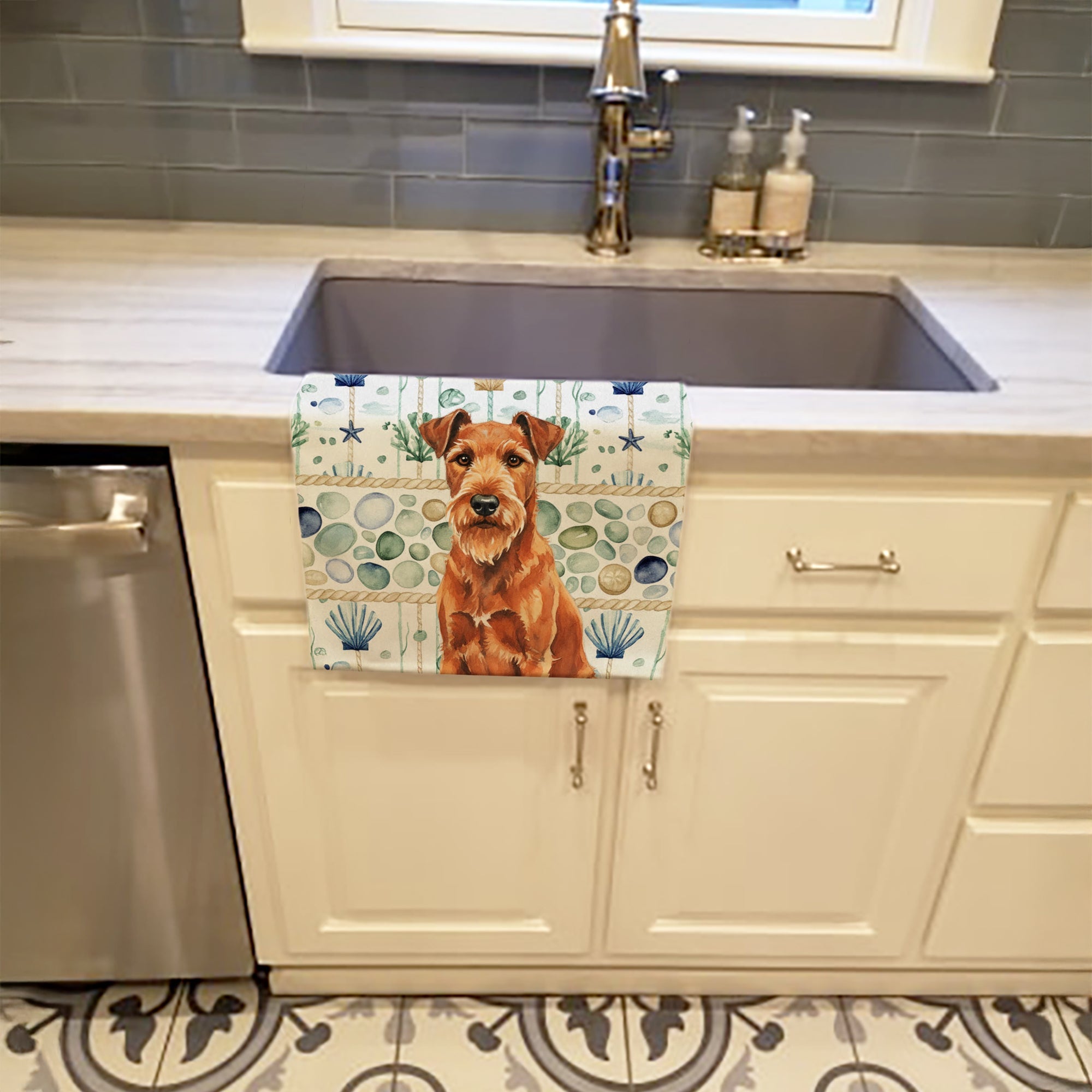 Irish Terrier Coastal Sea Glass Kitchen Towel Velour Plush Front and Cotton Loop Back Machine Washable