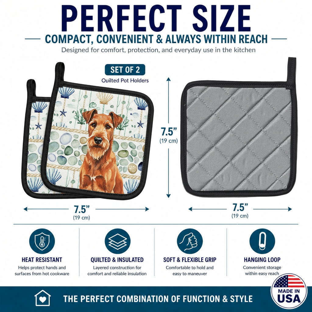 Irish Terrier Coastal Sea Glass Pot Holder Set of 2 Heat Resistant Quilted Hot Pads 7.5 x 7.5 Inch, Insulated Kitchen Trivets for Cooking & Baking