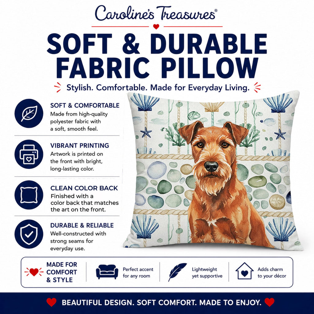 Irish Terrier Coastal Sea Glass Decorative Throw Pillow 14x14 Indoor Outdoor Accent Cushion, Fabric Cover with Insert for Sofa, Bed, Porch & Living Room