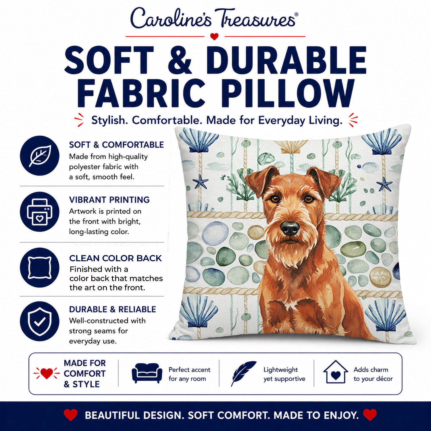 Irish Terrier Coastal Sea Glass Decorative Throw Pillow 14x14 Indoor Outdoor Accent Cushion, Fabric Cover with Insert for Sofa, Bed, Porch & Living Room