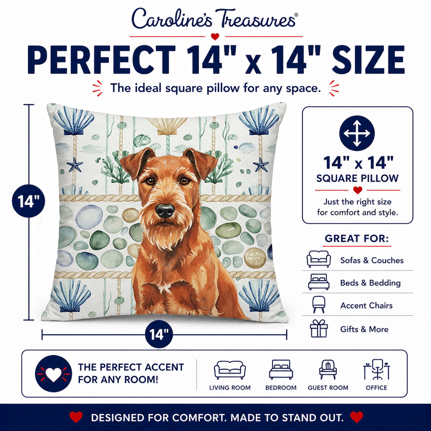 Irish Terrier Coastal Sea Glass Decorative Throw Pillow 14x14 Indoor Outdoor Accent Cushion, Fabric Cover with Insert for Sofa, Bed, Porch & Living Room