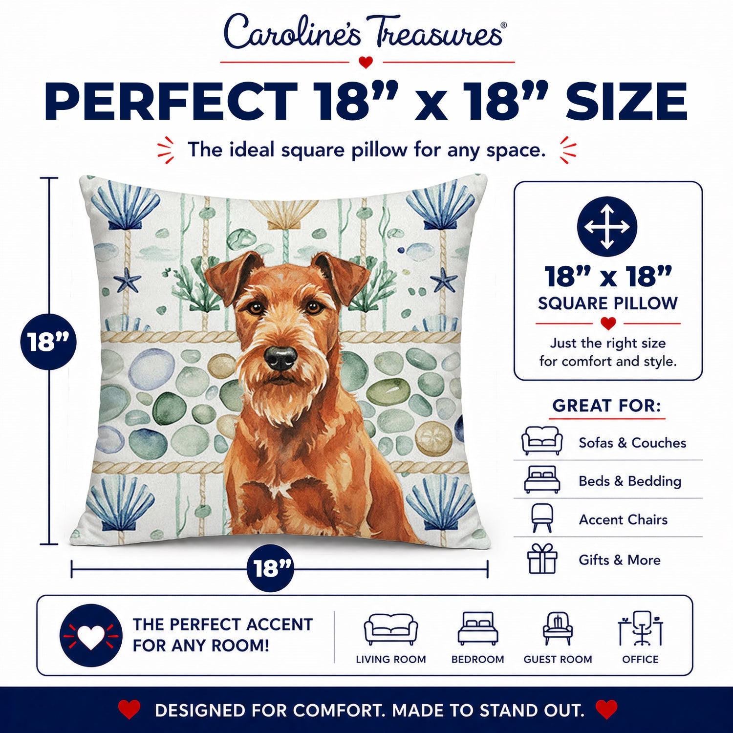 Irish Terrier Coastal Sea Glass Decorative Throw Pillow 18x18 Indoor Outdoor Accent Cushion, Fabric Cover with Insert for Sofa, Bed, Porch & Living Room