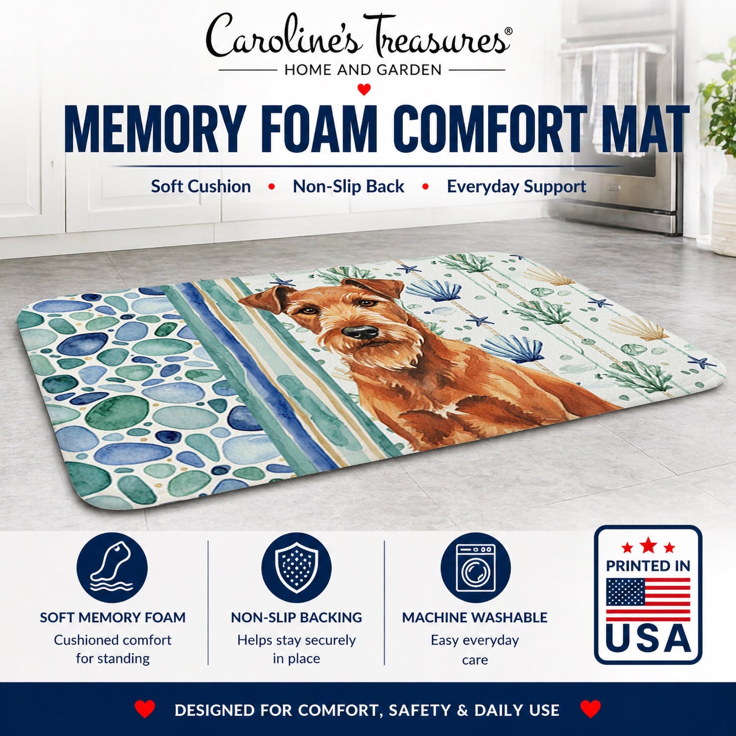 Irish Terrier Coastal Sea Glass Memory Foam Kitchen Mat Machine Washable Anti-Fatigue Cushion Comfort Bath or Kitchen Rug