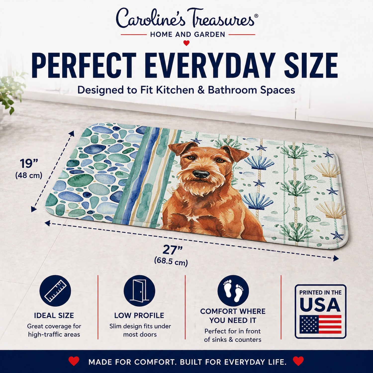 Irish Terrier Coastal Sea Glass Memory Foam Kitchen Mat Machine Washable Anti-Fatigue Cushion Comfort Bath or Kitchen Rug