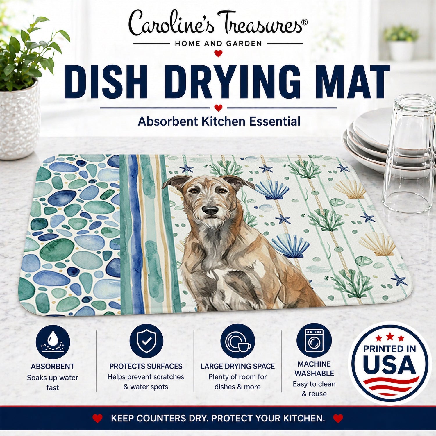 Brindle Irish Wolfhound Coastal Sea Glass Dish Drying Mat Absorbent Dish Drying Mat Pad for Kitchen Counter Dish Drainer Mat for Countertop, 14 x 21", Multicolor