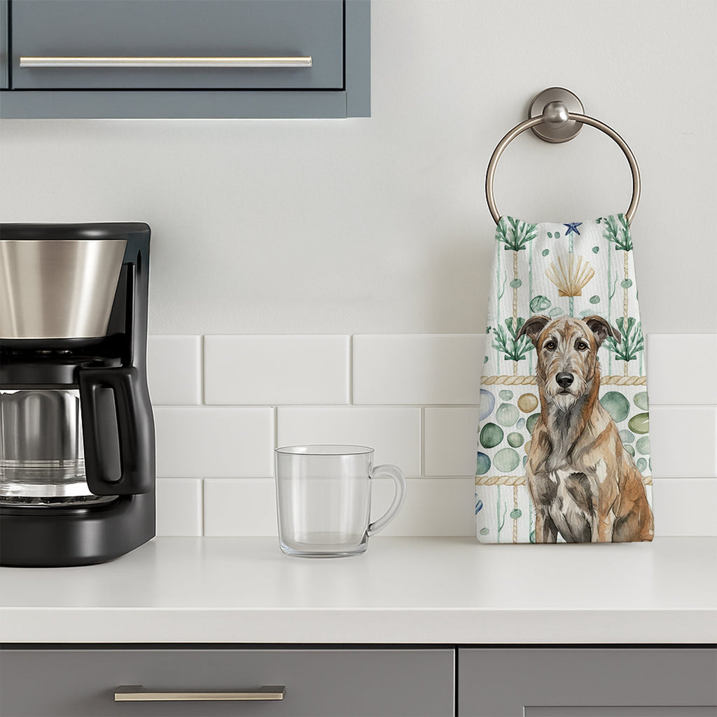 Brindle Irish Wolfhound Coastal Sea Glass Kitchen Towel Velour Plush Front and Cotton Loop Back Machine Washable