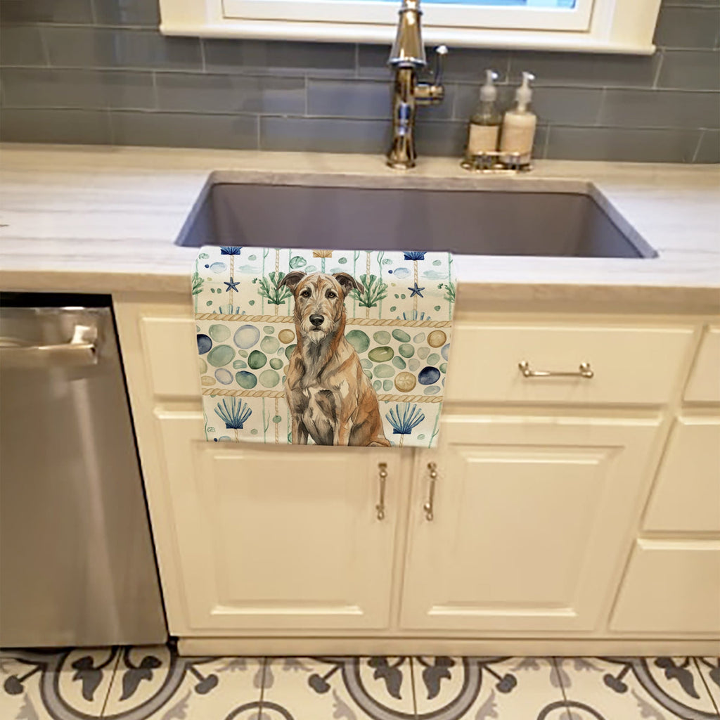 Brindle Irish Wolfhound Coastal Sea Glass Kitchen Towel Velour Plush Front and Cotton Loop Back Machine Washable