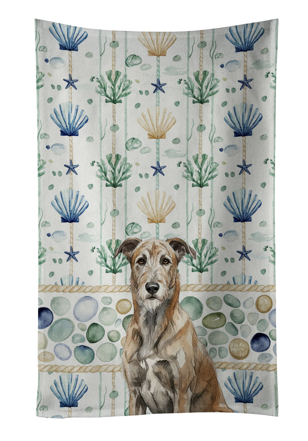 Brindle Irish Wolfhound Coastal Sea Glass Kitchen Towel Velour Plush Front and Cotton Loop Back Machine Washable