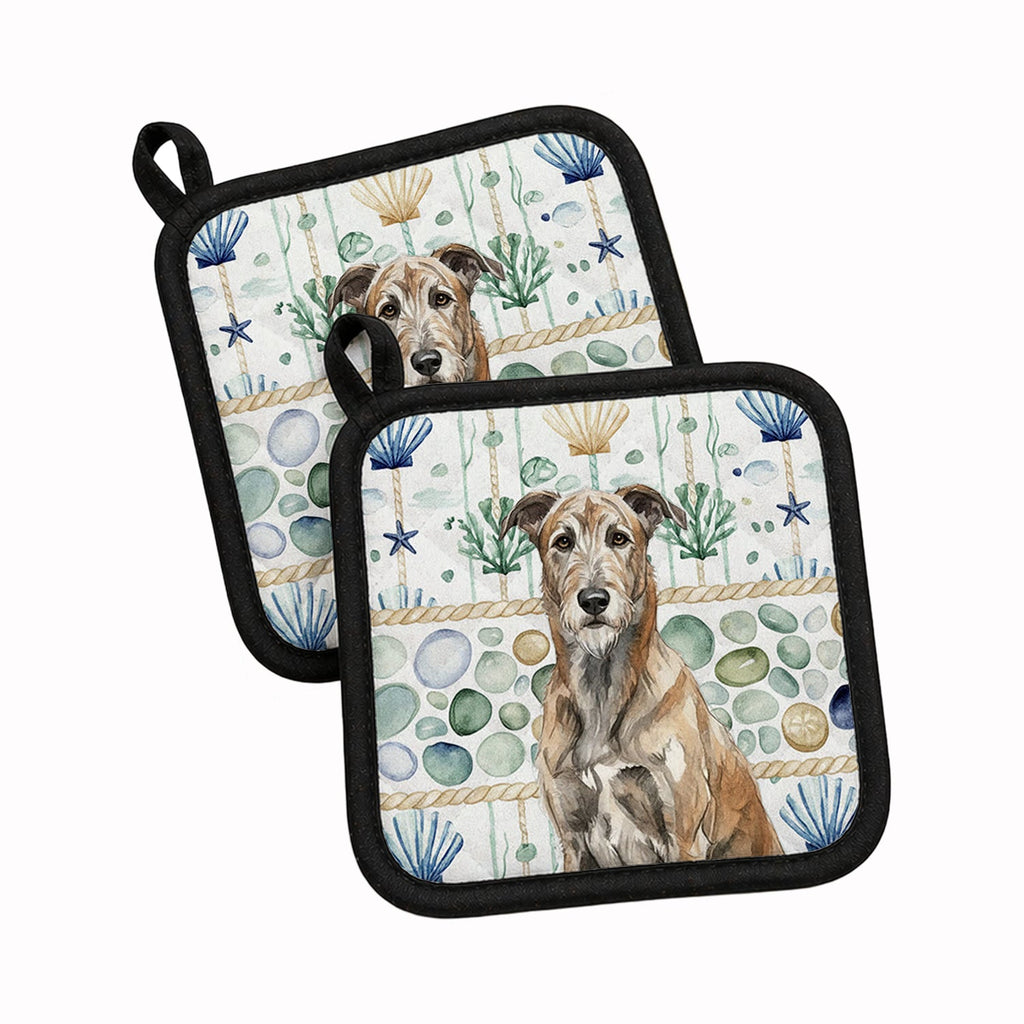Brindle Irish Wolfhound Coastal Sea Glass Pot Holder Set of 2 Heat Resistant Quilted Hot Pads 7.5 x 7.5 Inch, Insulated Kitchen Trivets for Cooking & Baking