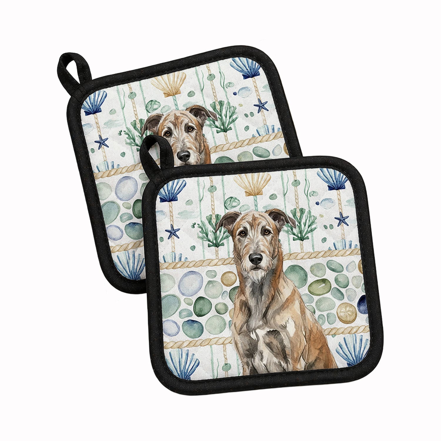 Brindle Irish Wolfhound Coastal Sea Glass Pot Holder Set of 2 Heat Resistant Quilted Hot Pads 7.5 x 7.5 Inch, Insulated Kitchen Trivets for Cooking & Baking