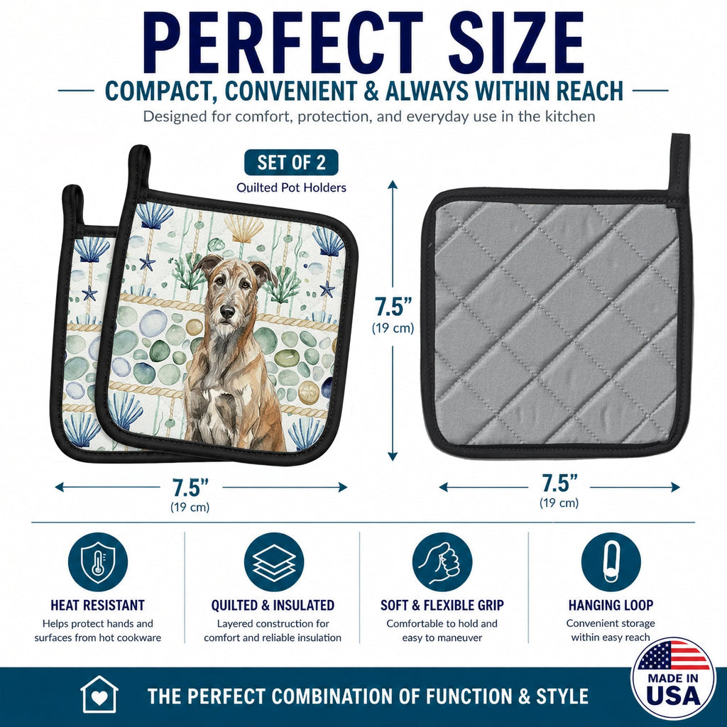 Brindle Irish Wolfhound Coastal Sea Glass Pot Holder Set of 2 Heat Resistant Quilted Hot Pads 7.5 x 7.5 Inch, Insulated Kitchen Trivets for Cooking & Baking