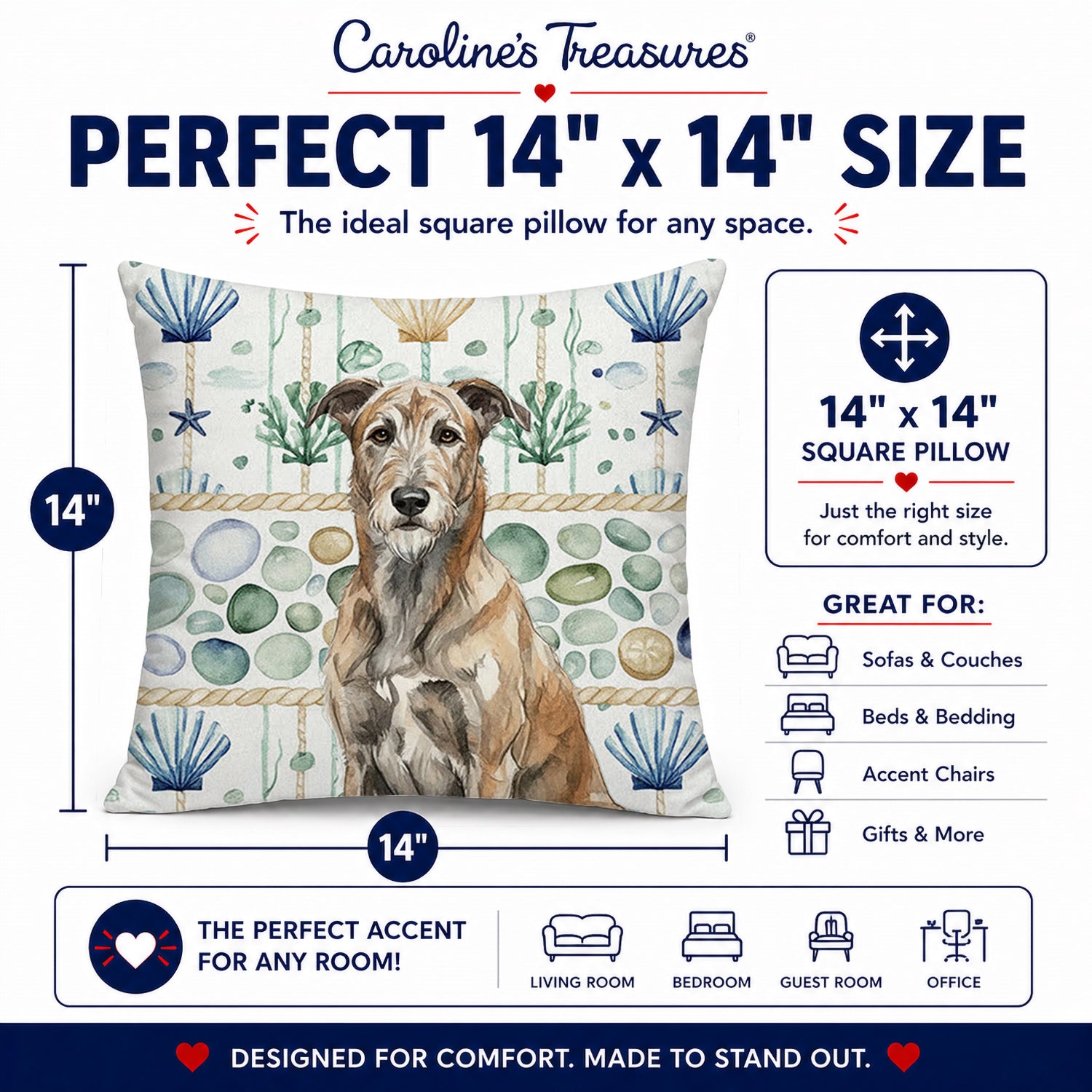 Brindle Irish Wolfhound Coastal Sea Glass Decorative Throw Pillow 14x14 Indoor Outdoor Accent Cushion, Fabric Cover with Insert for Sofa, Bed, Porch & Living Room