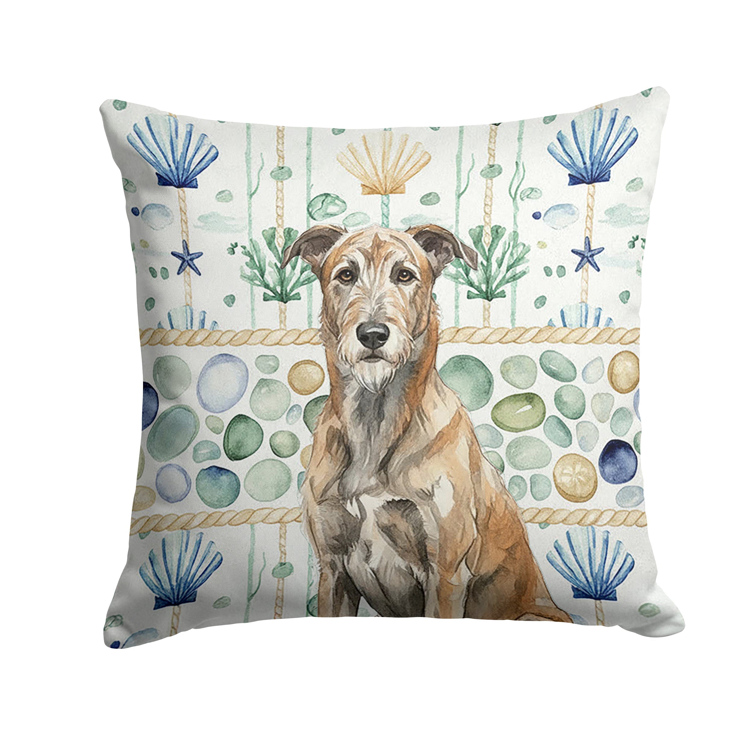 Brindle Irish Wolfhound Coastal Sea Glass Decorative Throw Pillow 14x14 Indoor Outdoor Accent Cushion, Fabric Cover with Insert for Sofa, Bed, Porch & Living Room