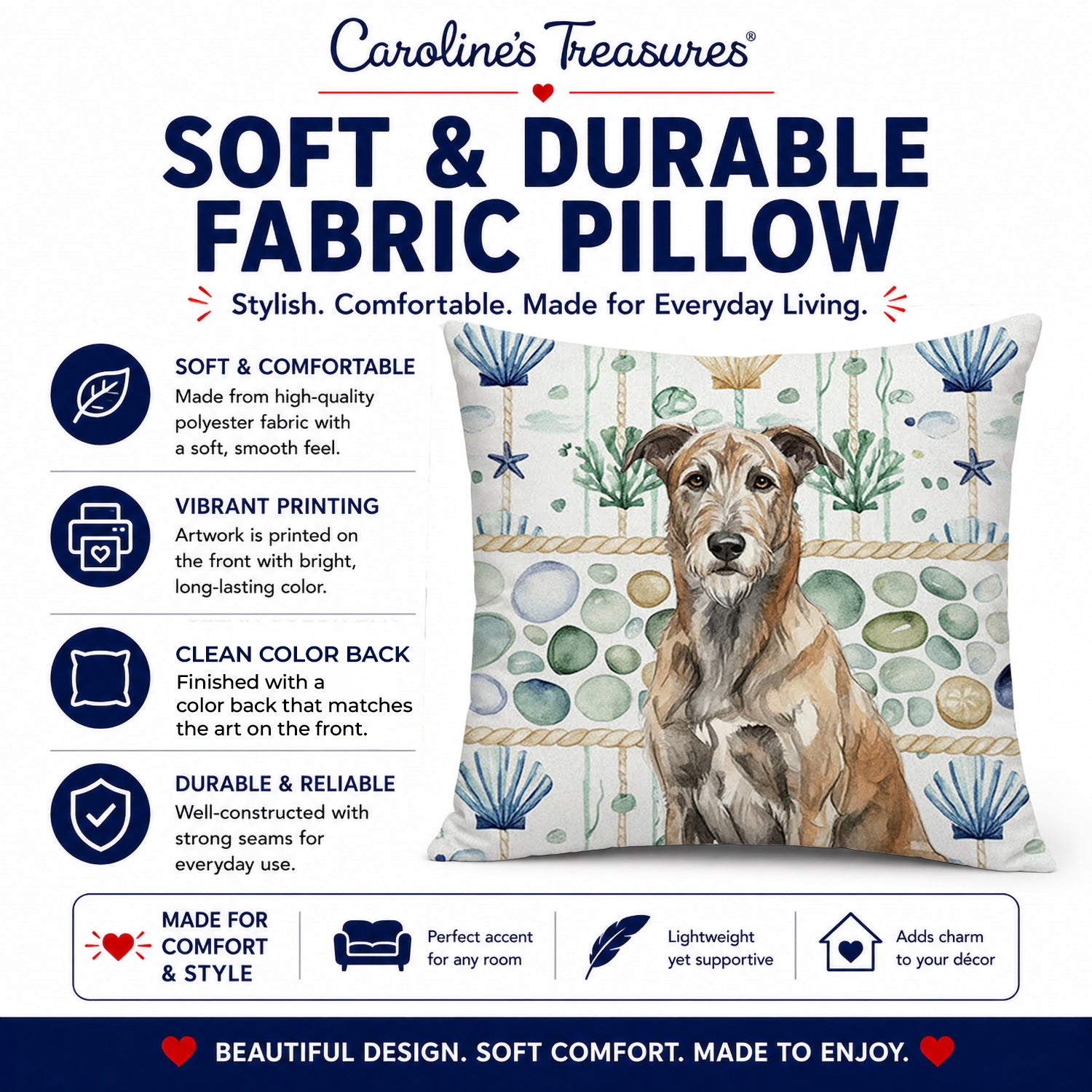 Brindle Irish Wolfhound Coastal Sea Glass Decorative Throw Pillow 18x18 Indoor Outdoor Accent Cushion, Fabric Cover with Insert for Sofa, Bed, Porch & Living Room