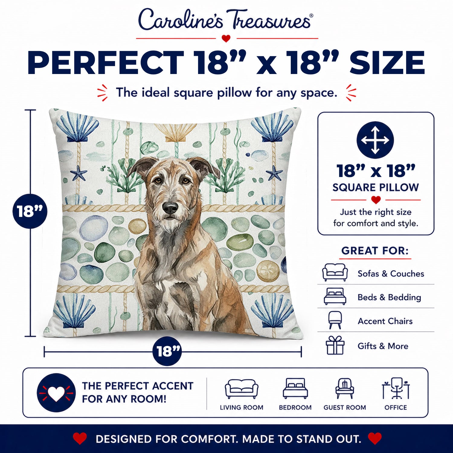Brindle Irish Wolfhound Coastal Sea Glass Decorative Throw Pillow 18x18 Indoor Outdoor Accent Cushion, Fabric Cover with Insert for Sofa, Bed, Porch & Living Room