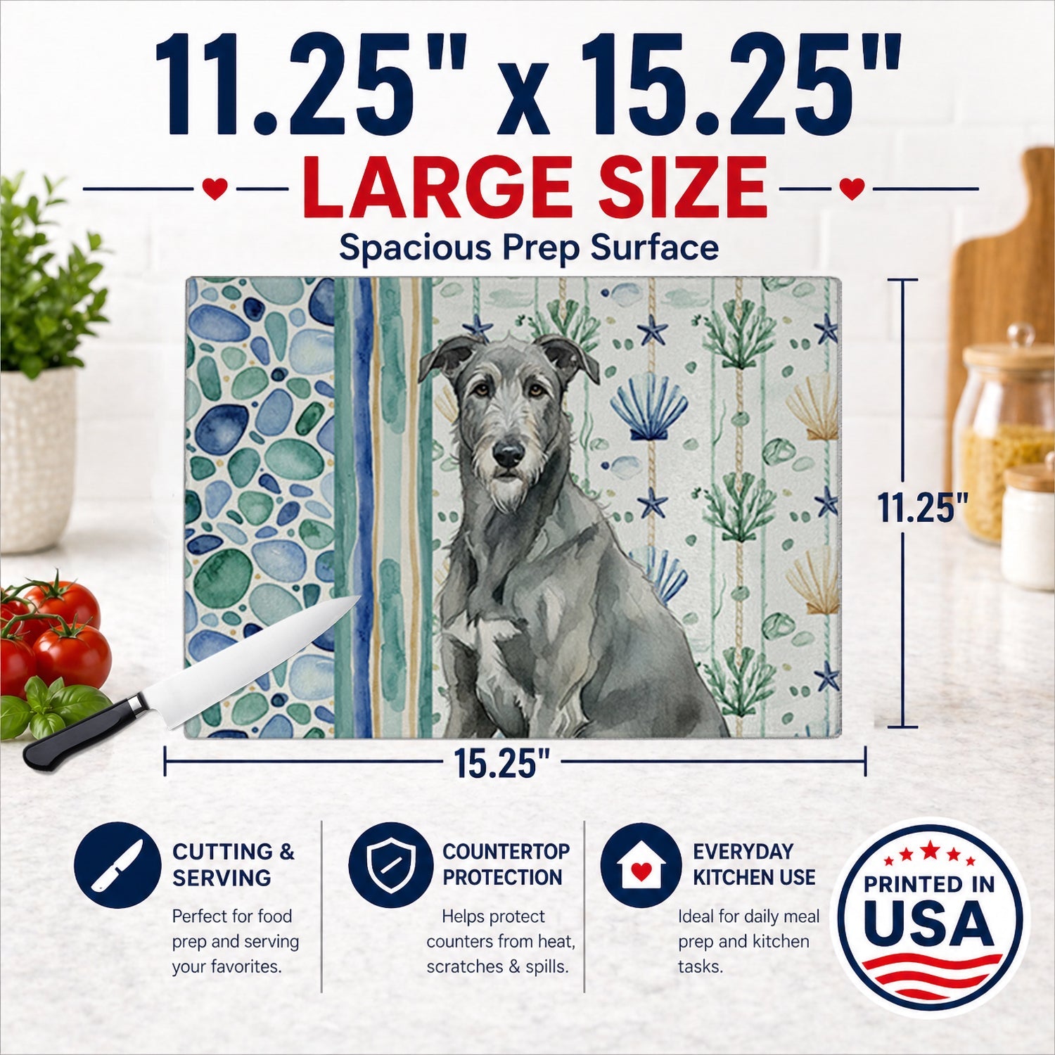 Gray Irish Wolfhound Coastal Sea Glass Cutting Board Tempered Glass Kitchen Cutting Surface, Heat Resistant Chopping, Non-Slip Feet, Food Prep & Serving