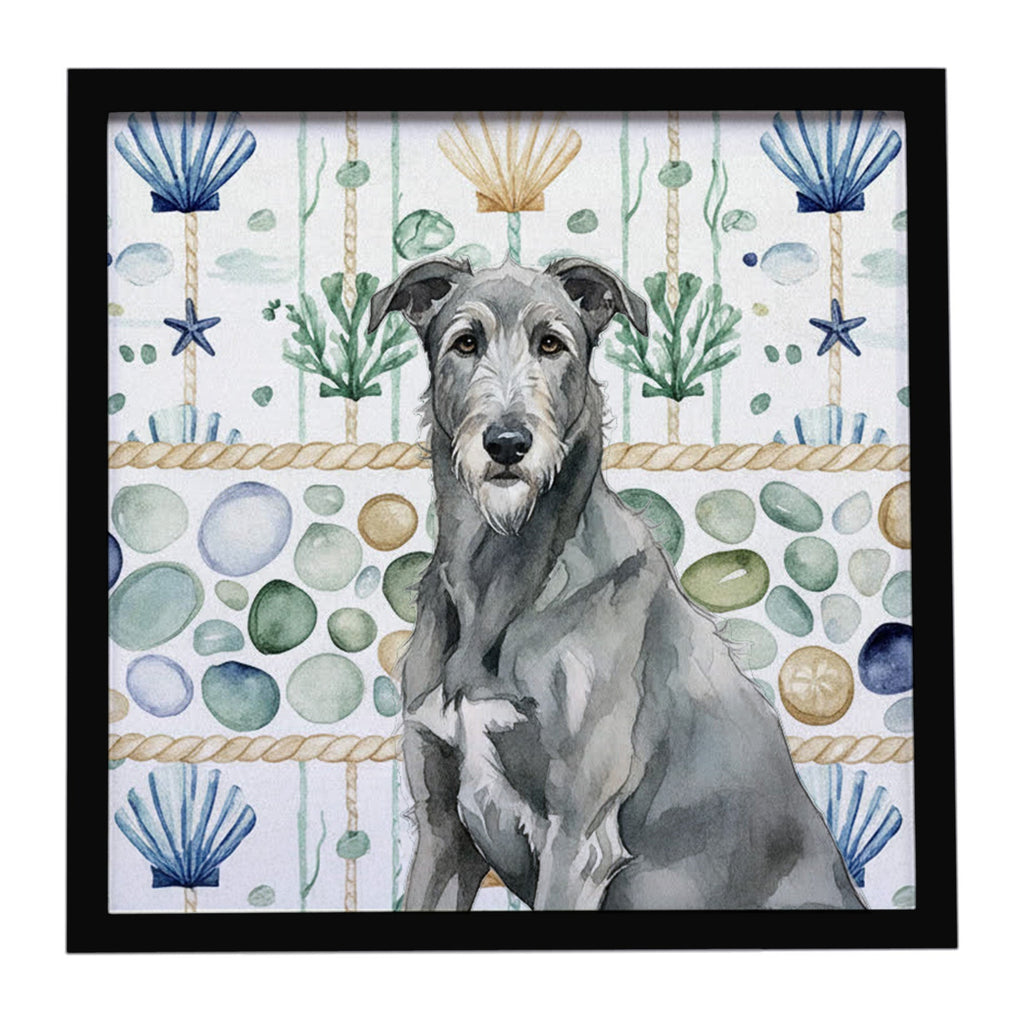 Gray Irish Wolfhound Coastal Sea Glass Framed Metal Print Bathroom, Kitchen, Office, Home Decor Wall Art Ready to Hang, Square, 8X8