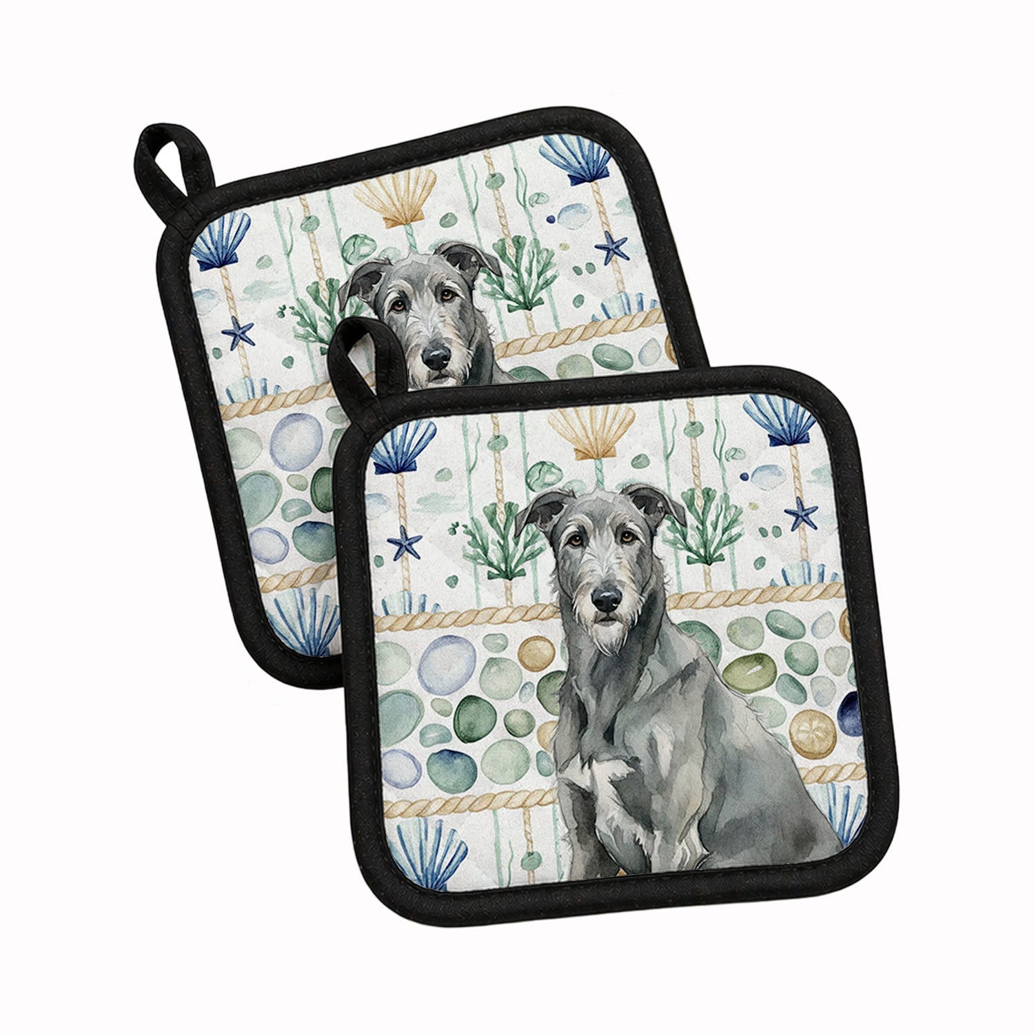 Gray Irish Wolfhound Coastal Sea Glass Pot Holder Set of 2 Heat Resistant Quilted Hot Pads 7.5 x 7.5 Inch, Insulated Kitchen Trivets for Cooking & Baking