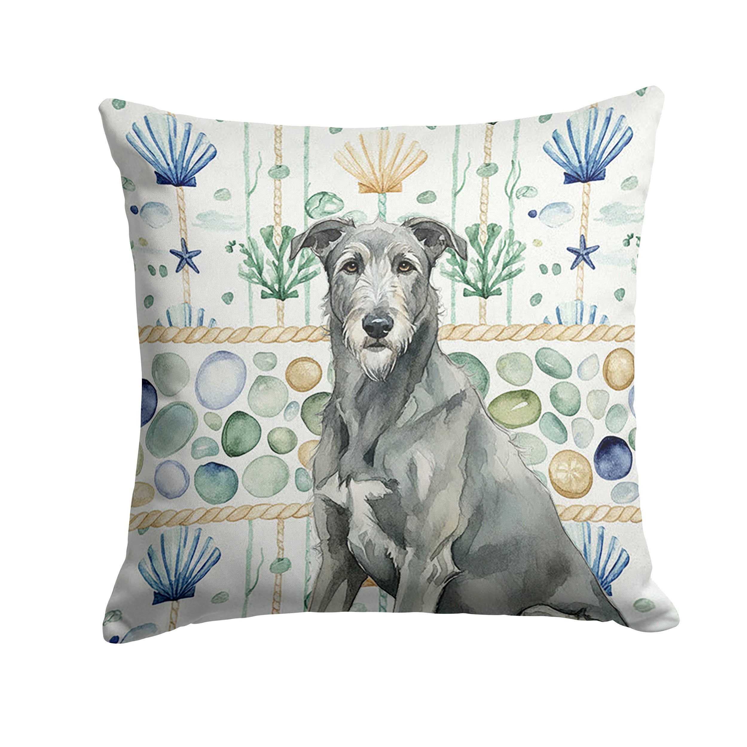 Gray Irish Wolfhound Coastal Sea Glass Decorative Throw Pillow 18x18 Indoor Outdoor Accent Cushion, Fabric Cover with Insert for Sofa, Bed, Porch & Living Room