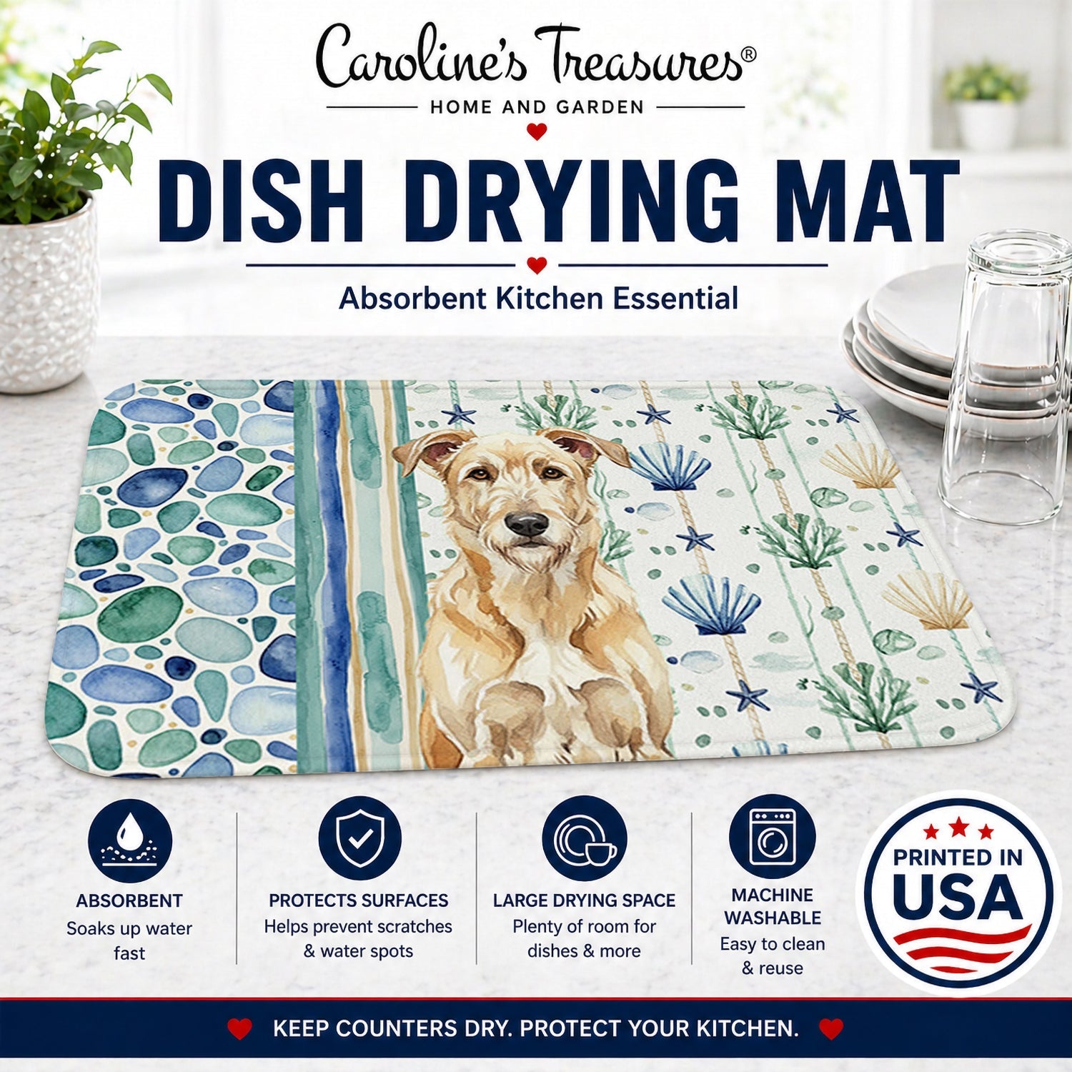 Wheaten Irish Wolfhound Coastal Sea Glass Dish Drying Mat Absorbent Dish Drying Mat Pad for Kitchen Counter Dish Drainer Mat for Countertop, 14 x 21", Multicolor