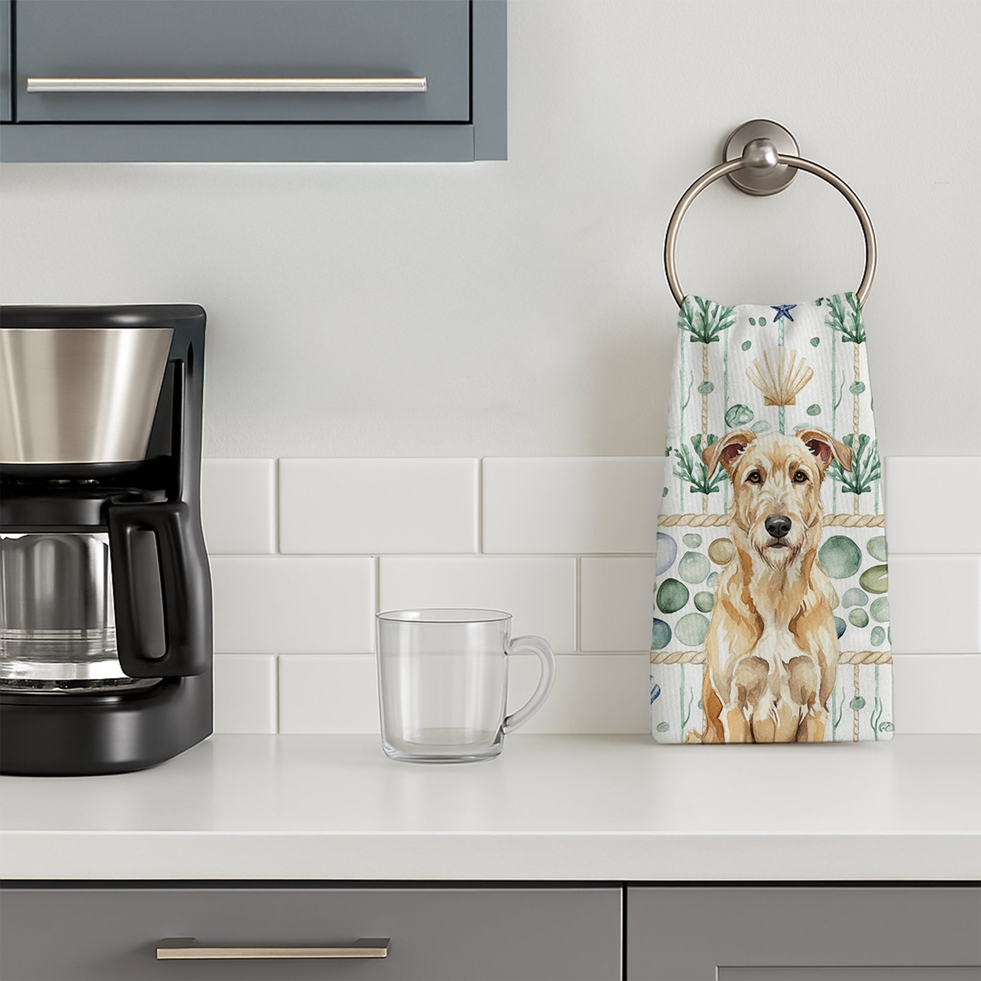 Wheaten Irish Wolfhound Coastal Sea Glass Kitchen Towel Velour Plush Front and Cotton Loop Back Machine Washable