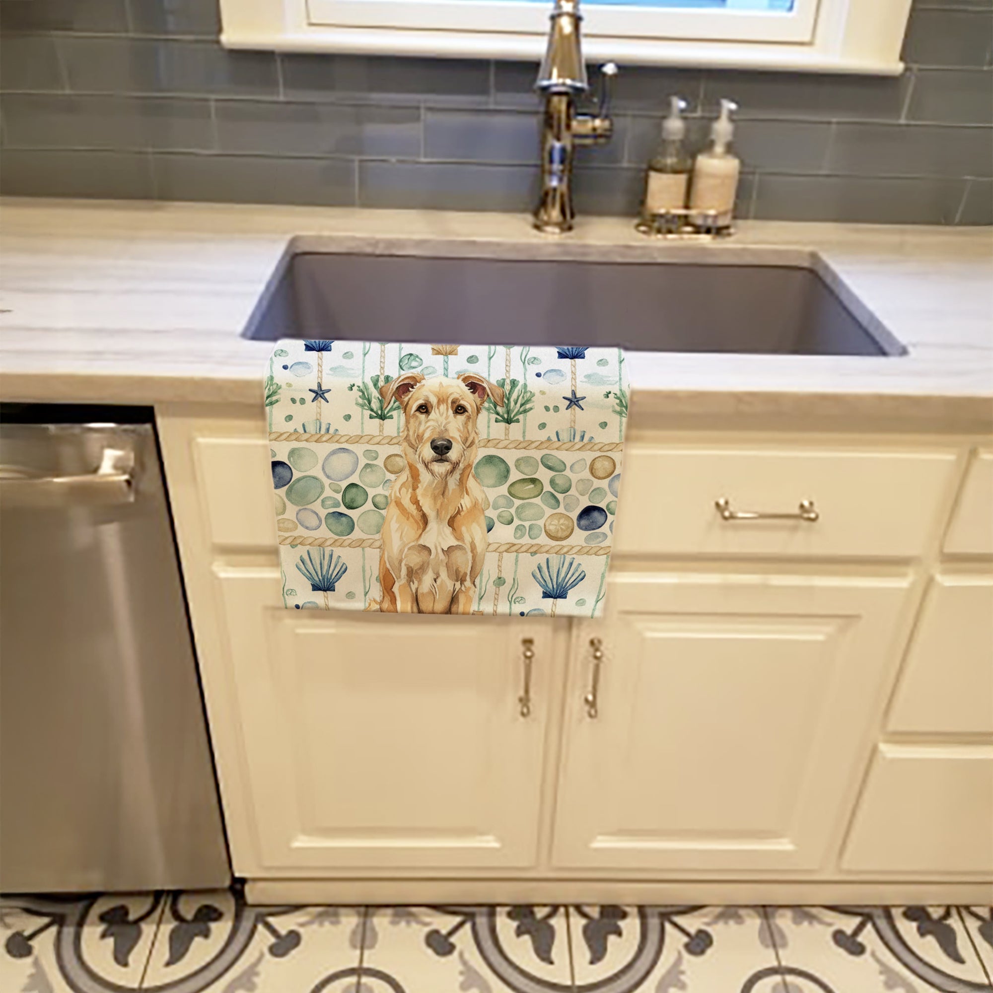 Wheaten Irish Wolfhound Coastal Sea Glass Kitchen Towel Velour Plush Front and Cotton Loop Back Machine Washable
