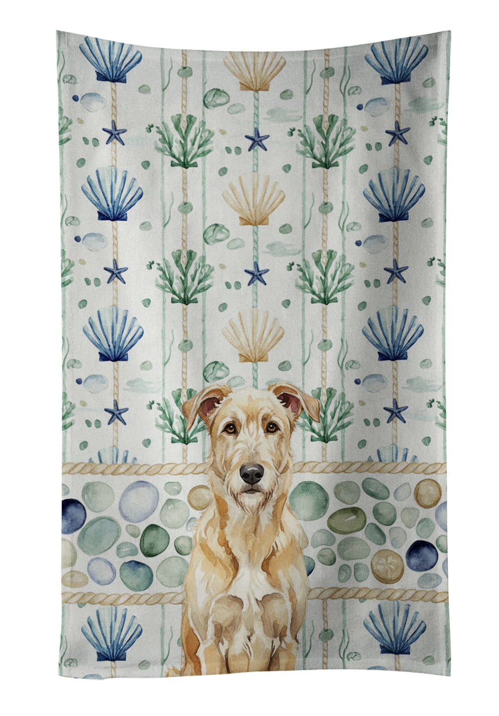Wheaten Irish Wolfhound Coastal Sea Glass Kitchen Towel Velour Plush Front and Cotton Loop Back Machine Washable