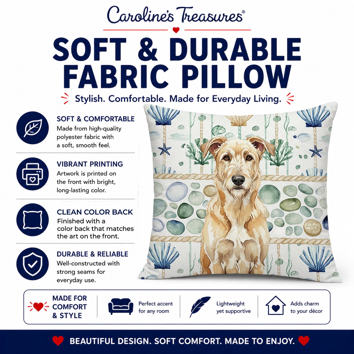 Wheaten Irish Wolfhound Coastal Sea Glass Decorative Throw Pillow 14x14 Indoor Outdoor Accent Cushion, Fabric Cover with Insert for Sofa, Bed, Porch & Living Room