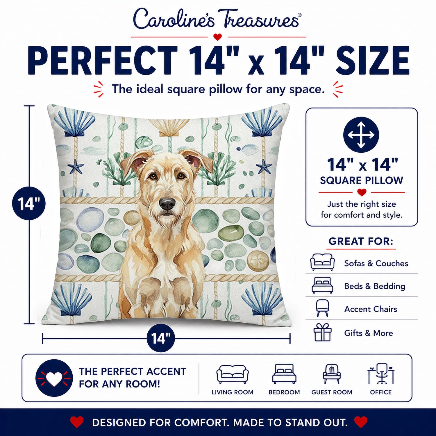 Wheaten Irish Wolfhound Coastal Sea Glass Decorative Throw Pillow 14x14 Indoor Outdoor Accent Cushion, Fabric Cover with Insert for Sofa, Bed, Porch & Living Room