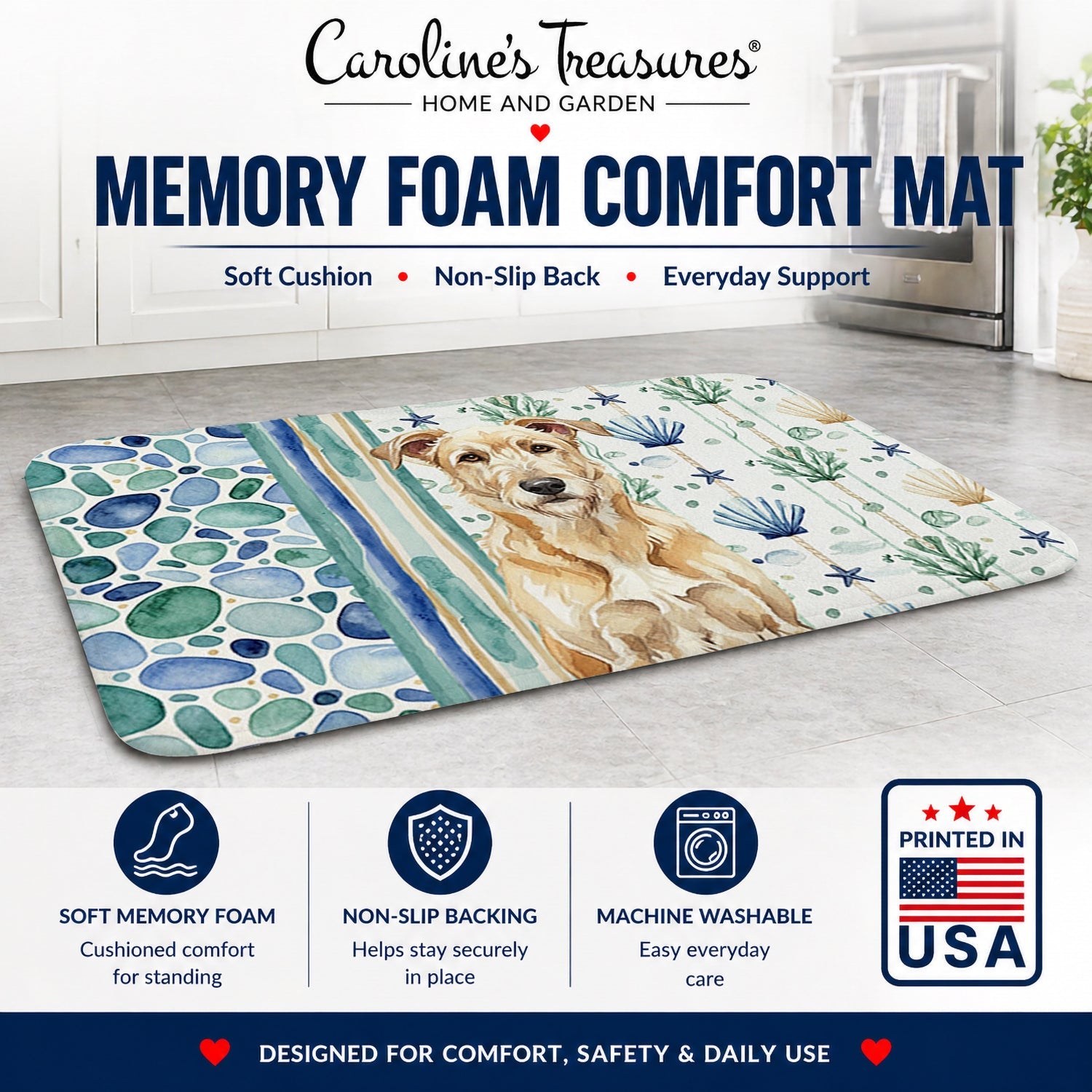 Wheaten Irish Wolfhound Coastal Sea Glass Memory Foam Kitchen Mat Machine Washable Anti-Fatigue Cushion Comfort Bath or Kitchen Rug