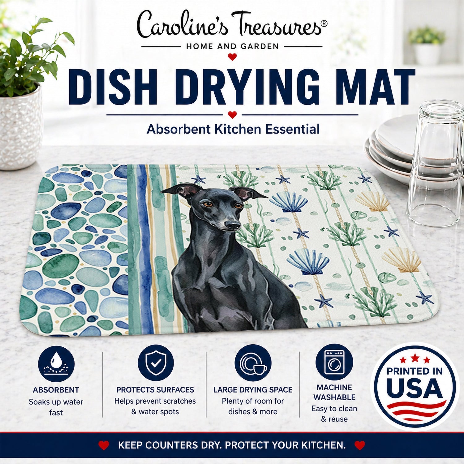 Black Italian Greyhound Coastal Sea Glass Dish Drying Mat Absorbent Dish Drying Mat Pad for Kitchen Counter Dish Drainer Mat for Countertop, 14 x 21", Multicolor